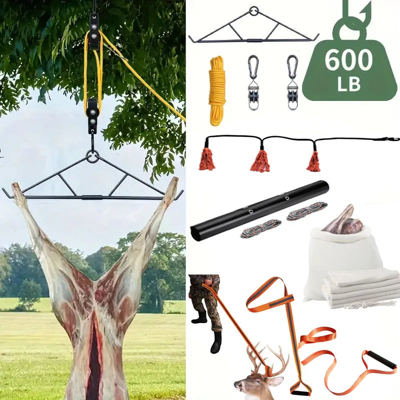 Deer Game Hoist & Strap Set – Reflective Binding, Meat Bag & Blanket for Field Dressing