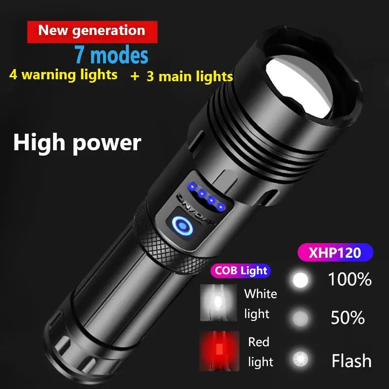 Super XHP120 Tactical LED Flashlight – Rechargeable High-Power Torch with USB & Zoom Focus