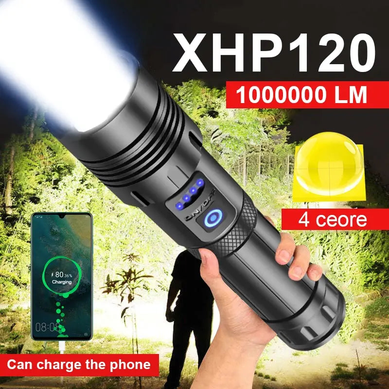 Super XHP120 Tactical LED Flashlight – Rechargeable High-Power Torch with USB & Zoom Focus