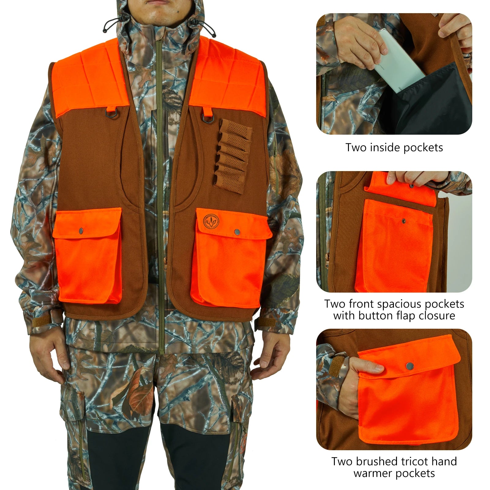 Unisex Upland Game Field Water-Resistant Bird Hunting Vest with Multi Pockets Brown/Orange Men Women FV11