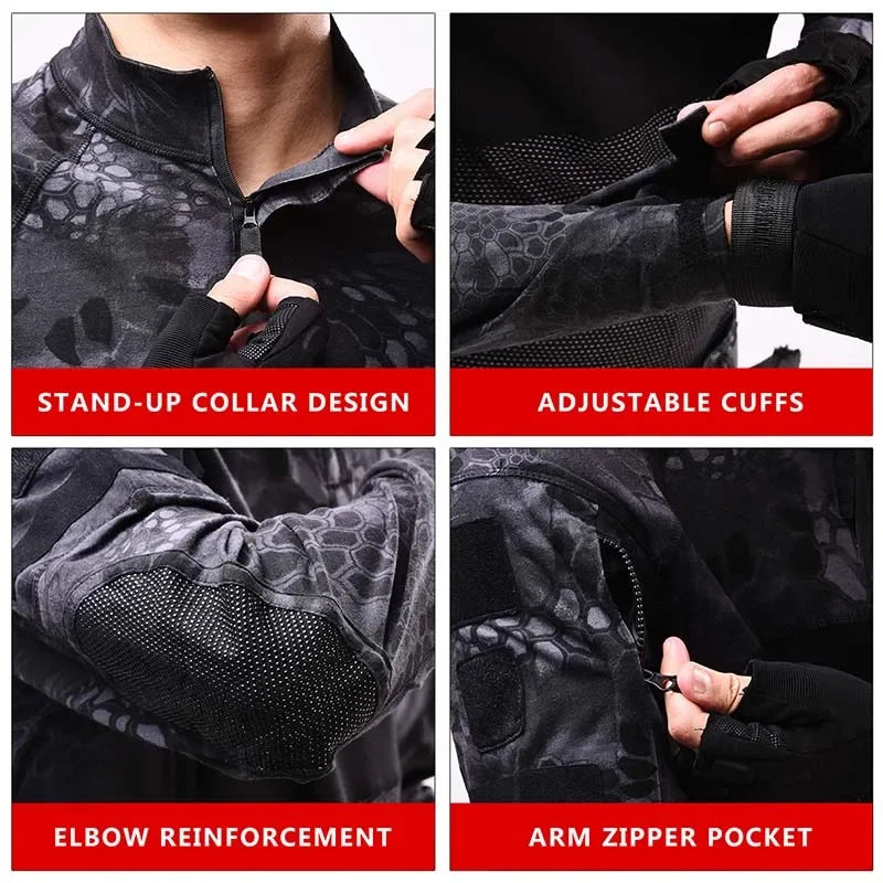 Mens Tactical Shirt 1/4 Zip Hunting Cothes Combat Shirts Fishing Hiking Shirts Casual Pullover Tops Wear-Resistance