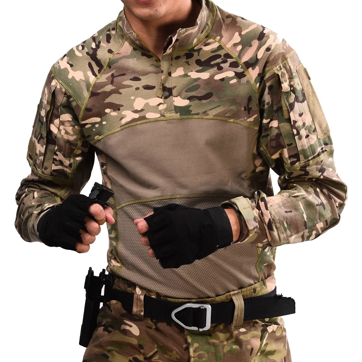 Mens Tactical Shirt 1/4 Zip Hunting Cothes Combat Shirts Fishing Hiking Shirts Casual Pullover Tops Wear-Resistance