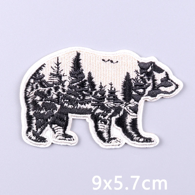 Nature & Wildlife Embroidered Iron-On Patch – Mountains, Animals & Adventure Design