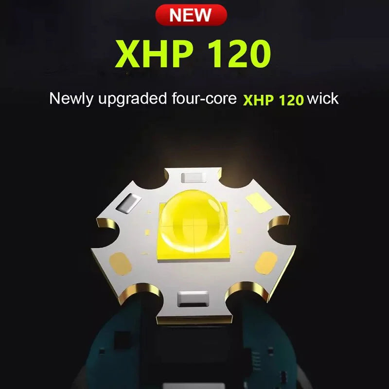Super XHP120 Tactical LED Flashlight – Rechargeable High-Power Torch with USB & Zoom Focus