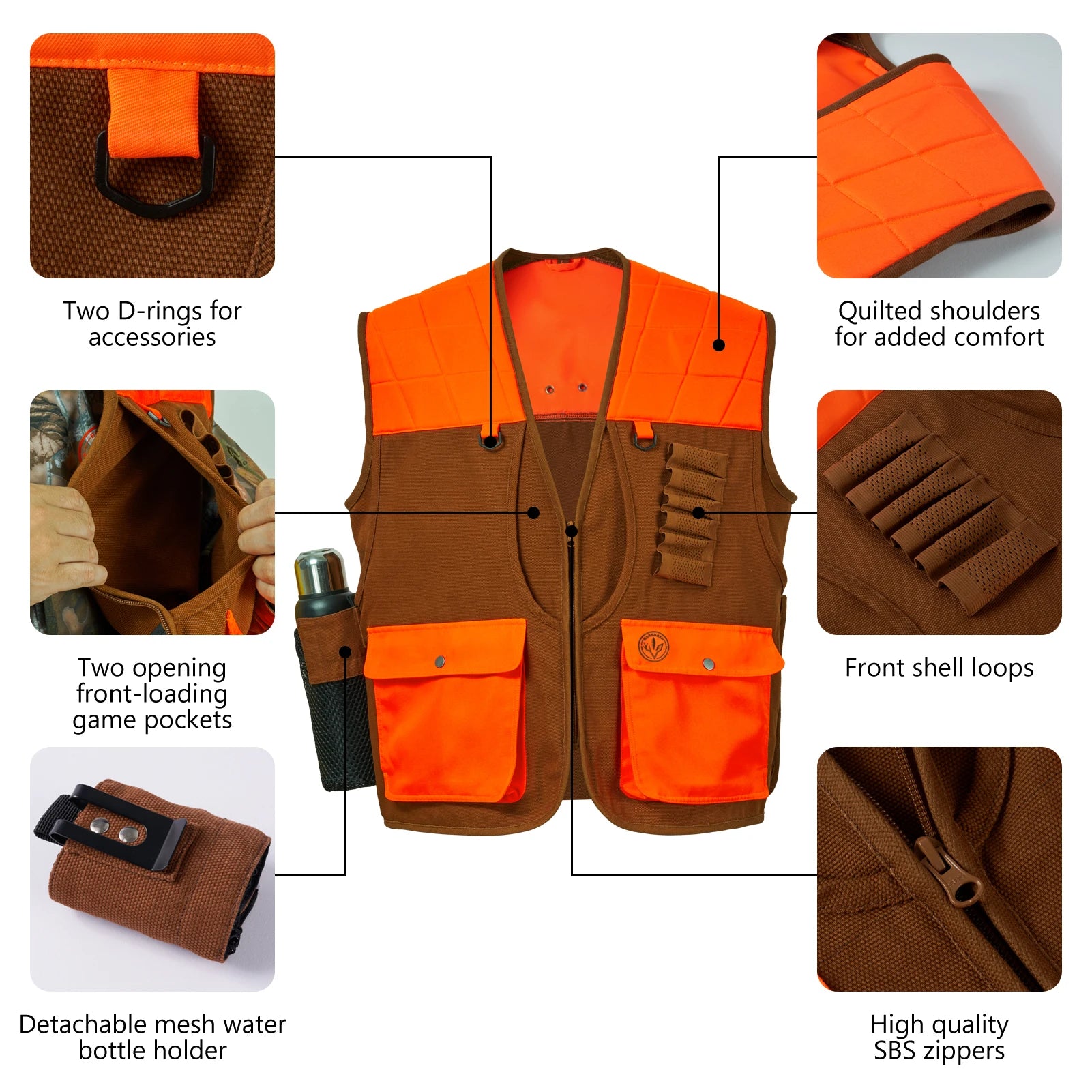 Unisex Upland Game Field Water-Resistant Bird Hunting Vest with Multi Pockets Brown/Orange Men Women FV11